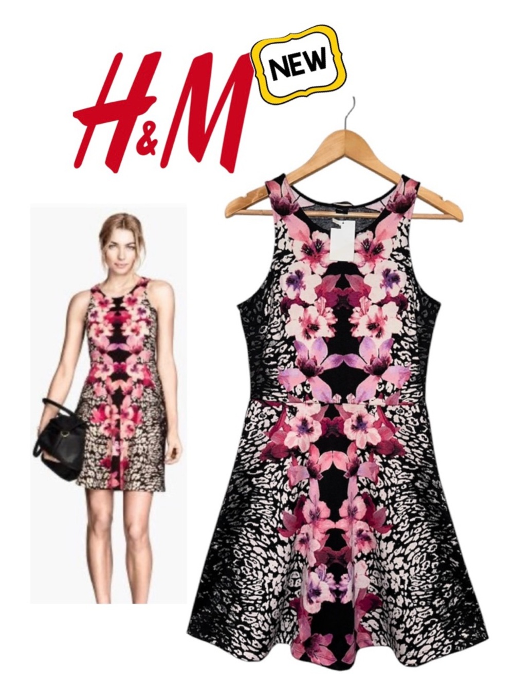 NEW H&M Fit and Flare Sleeveless Dress Pink Black Floral Stretch Women's M NWT